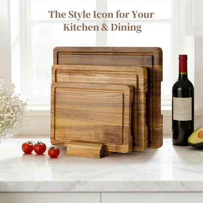 Teak Cutting Board Set for Kitchen - 3 PCS Solid Teak Wood Chopping Board with Holder & Juice Groove, Hardwood Cutting Boards for Meat, Fish, Vegetables, Fruits (Small, Medium, Large)
