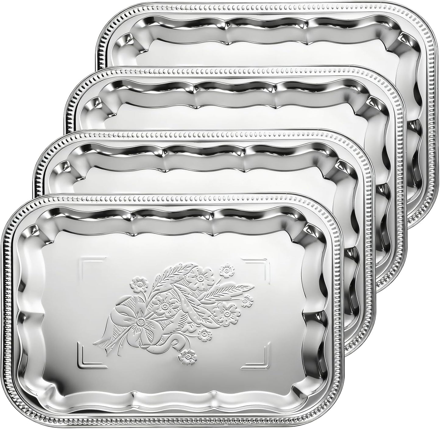 4 Pcs Large Silver Serving Trays, 15.7" x 11.8" Stainless Steel Rectangle Serving Tray, Decorative Silver Plates, Floral Engraved Tray, Metal Sizzler Plates for Coffee Table, Bar, Party, Club, Home