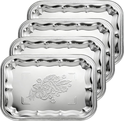 4 Pcs Large Silver Serving Trays, 15.7" x 11.8" Stainless Steel Rectangle Serving Tray, Decorative Silver Plates, Floral Engraved Tray, Metal Sizzler Plates for Coffee Table, Bar, Party, Club, Home