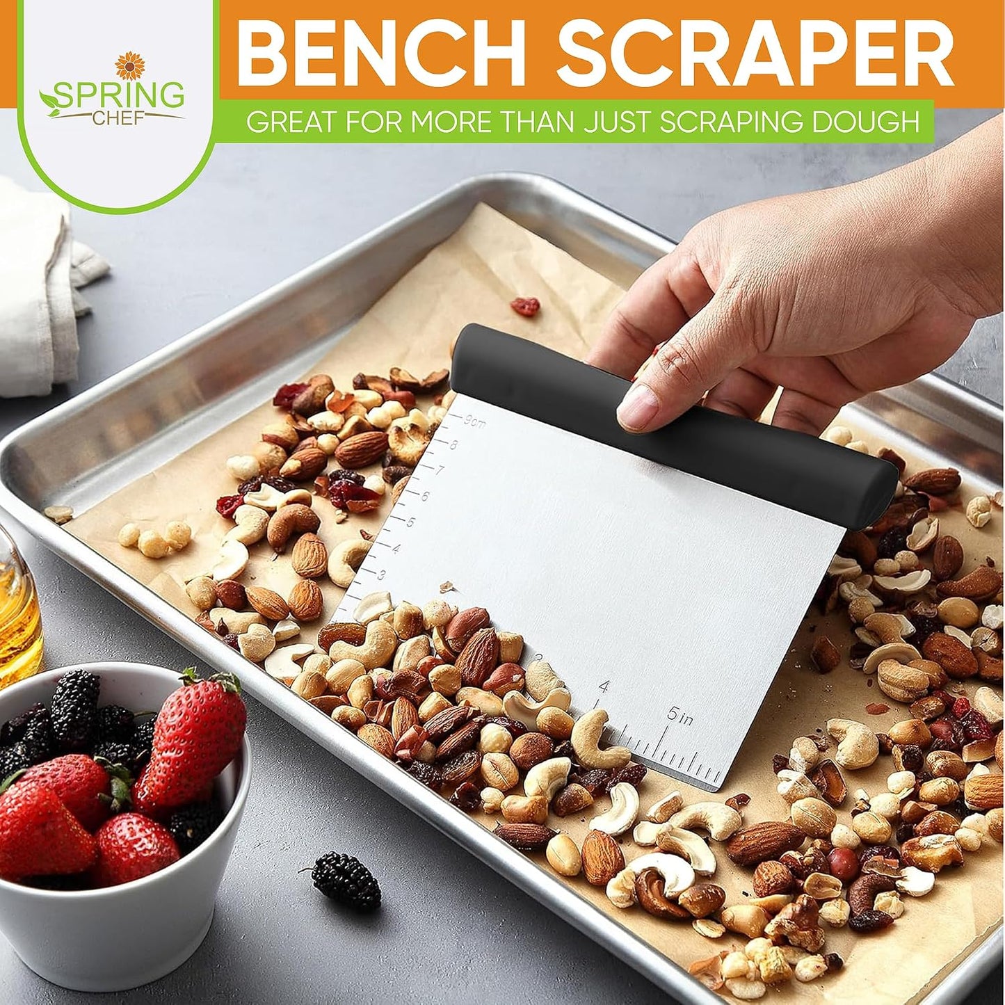 Spring Chef Dough Bench Scraper for Baking with Markings - Stainless Steel Kitchen Dough Cutter Tool with Bowl Pastry Scraper for Pizza, Bread, Pastries - Bench Knife - Dishwasher Safe - Black