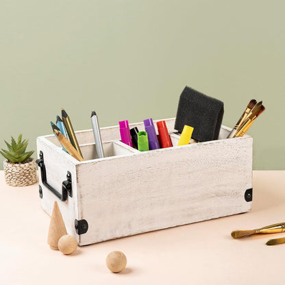 GoCraft 4-Compartment Flatware Caddy – Wooden Cutlery Holder with Napkin Holder, Silverware & Condiment Organizer, White Washed Mango Wood with Metal Handles, Perfect for Kitchen, Dining, and Picnics