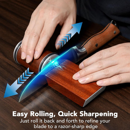 Rolling Knife Sharpener for Razor Sharp Edges, Easy Kitchen Knife Sharpening Tool Kit for Steel of Any Hardness, 15 & 20 Degrees Powerful Magnetic Holder