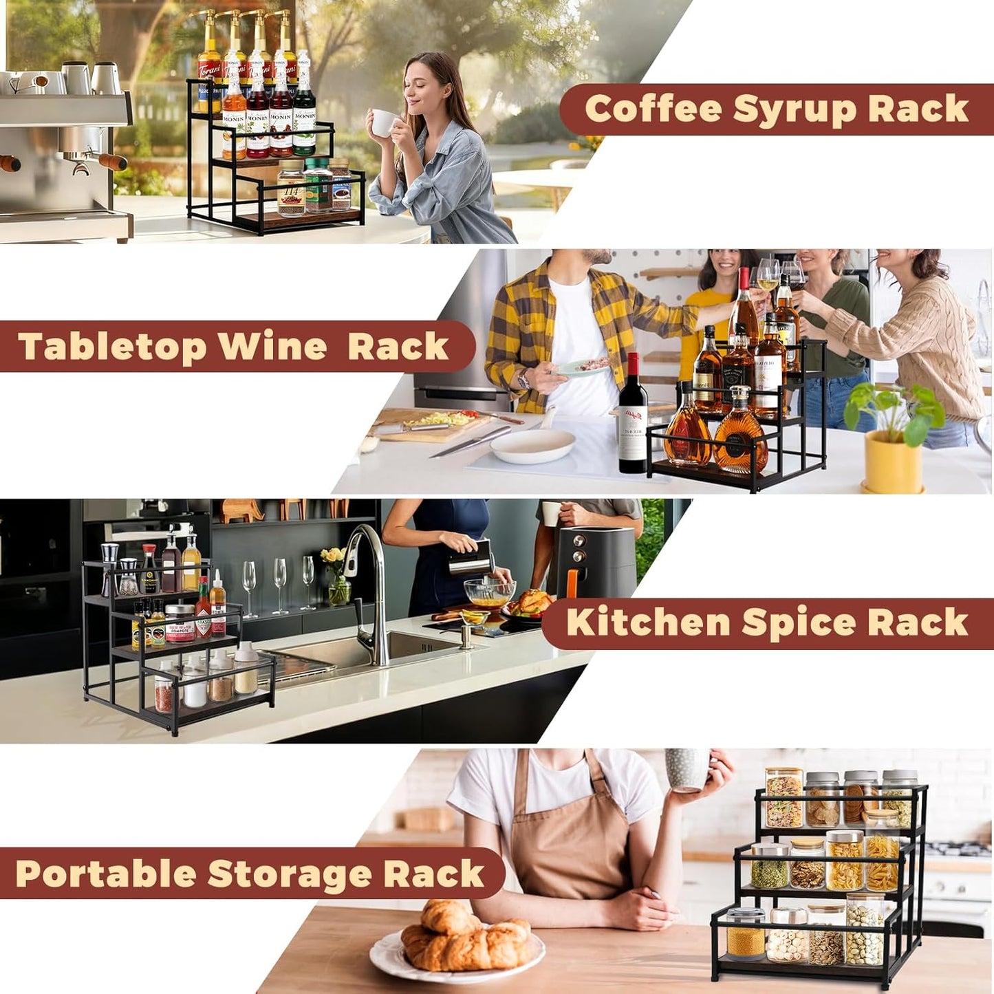 Countertop Liquor Bottle Organizer Shelf, 3-Tier | Rustic Display Rack, For Wine & Coffee Syrups, Freestanding Bar and Kitchen Storage, Easy-Carry Handles