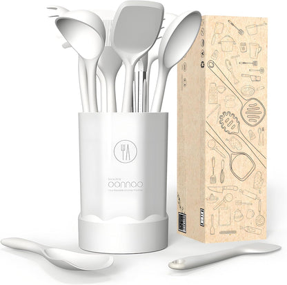 oannao Silicone Kitchen Utensils Set, 600°F Heat Resistant Silicone Cooking Utensils, Spatula, Spoon, Whisk, Tongs, Kitchen Gadgets Sets for Nonstick Cookware, Dishwasher Safe BPA Free (Black)