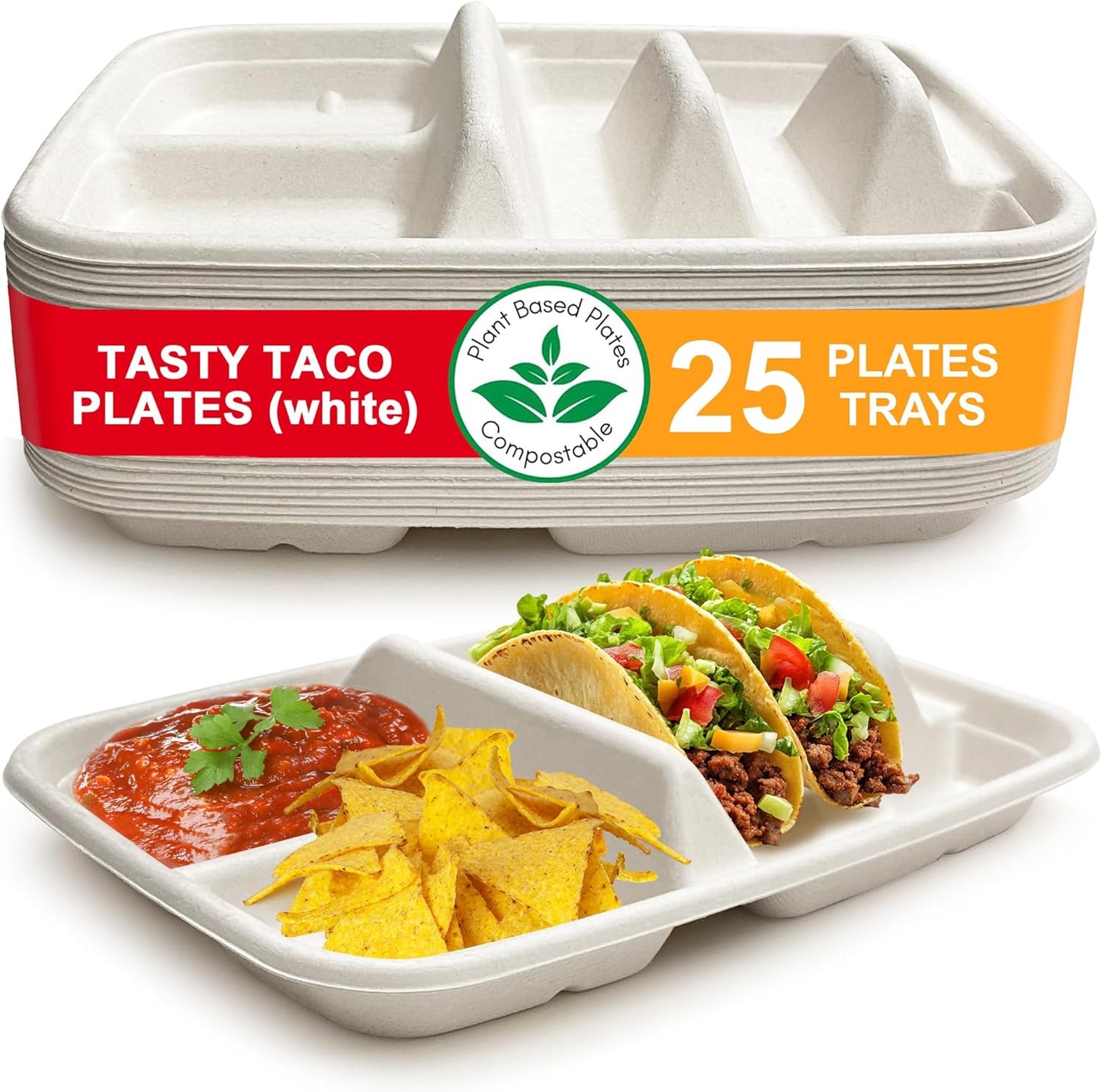 White Disposable Taco Plates for 2 Tacos & 2 Sides – 25 PACK | Premium Paper Plates with Dividers, Fiesta Taco Holder, Taco Stand for Taco Tuesday & Taco Bar Serving Set Taco Plates (25 Plates)