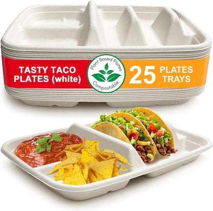 White Disposable Taco Plates for 2 Tacos & 2 Sides – 25 PACK | Premium Paper Plates with Dividers, Fiesta Taco Holder, Taco Stand for Taco Tuesday & Taco Bar Serving Set Taco Plates (25 Plates)