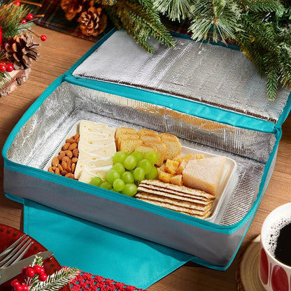 Insulated Round Thermal Casserole Food Carrier for Lunch, Lasagna, Potluck, Picnics, Vacations - Teal and Grey