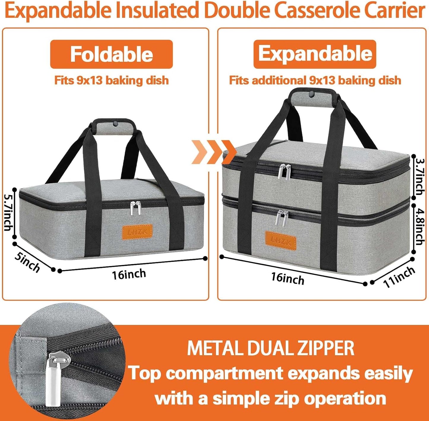 LHZK Insulated Casserole Carriers for Hot or Cold Food, Lasagna Holder Tote for Potluck Parties, Beach, Picnic, Travel, Fits 11x15 or 9x13 Dish (Black)