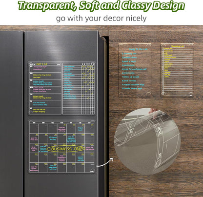 JJPRO Non Magnetic Dry Erase Calendar for Fridge-Reusable Monthly&Weekly Planning Board, List and Blank Board for All Smooth Surfaces. Clear Reusable Board Sticks to Fridge,Wall,Door&Glass