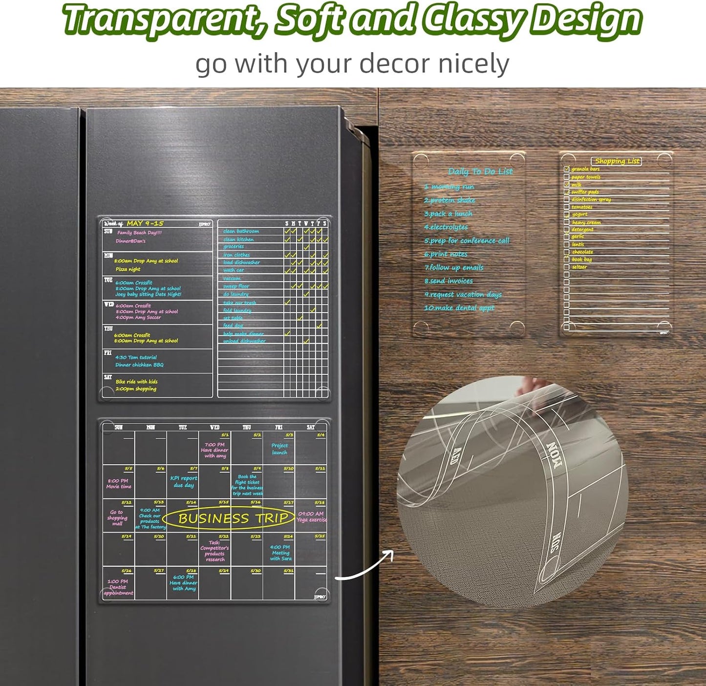 JJPRO Non-Magnetic Clear Weekly Planner & to Do List for Fridge, 8.5"x13" Dry Erase to Do List WhiteBoard,Reuasble Weekly Calendar for Refrigerator,Cabinet,Wall&Glass, All Smooth Surfaces