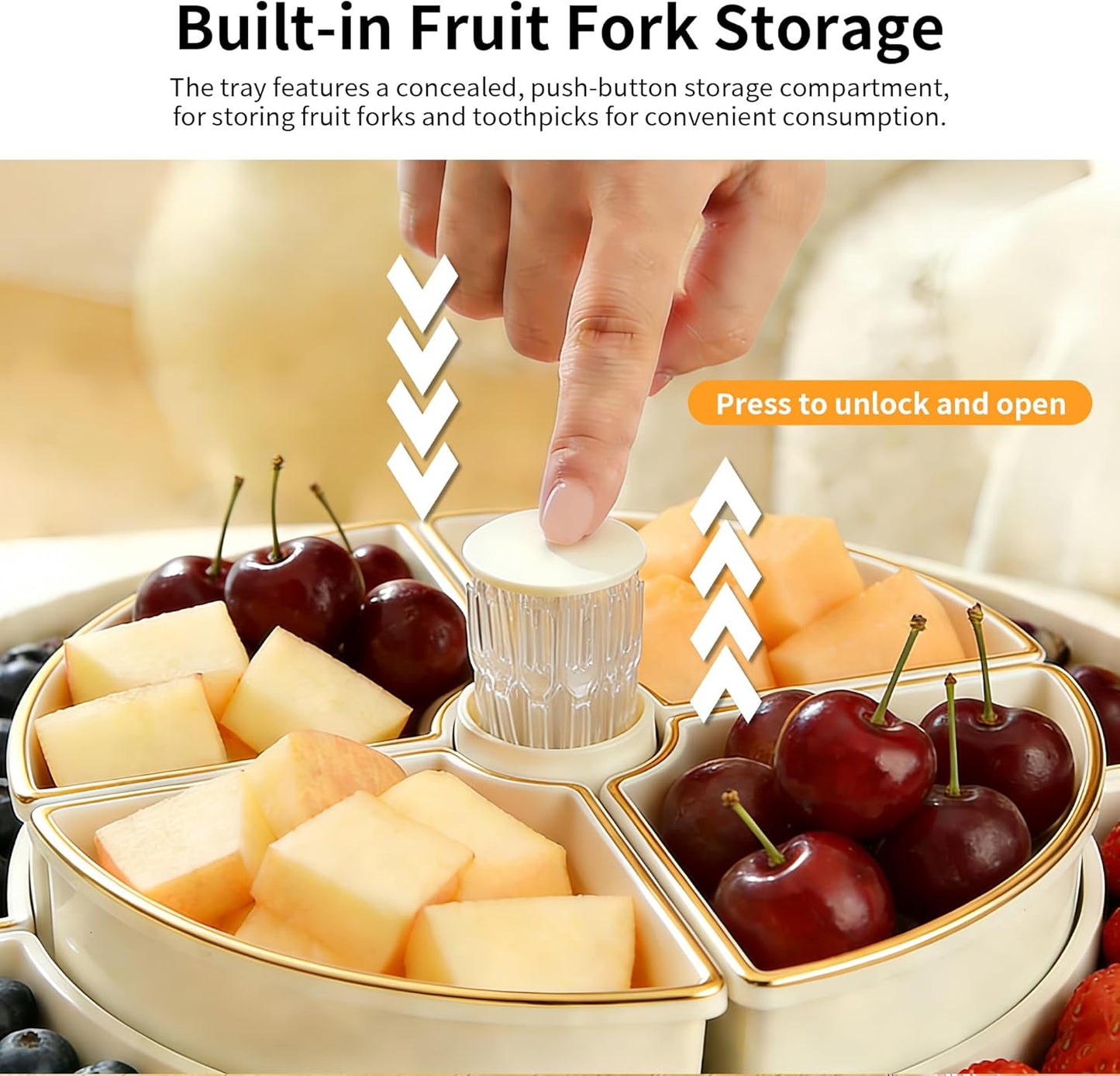 Large 8-Compartment Rotating Snack Tray with Lid, Food Grade PP Divided Serving Tray with Removable Dividers, 360° Spin for Party, Fridge Storage, Fruits & Nuts (Cream White)