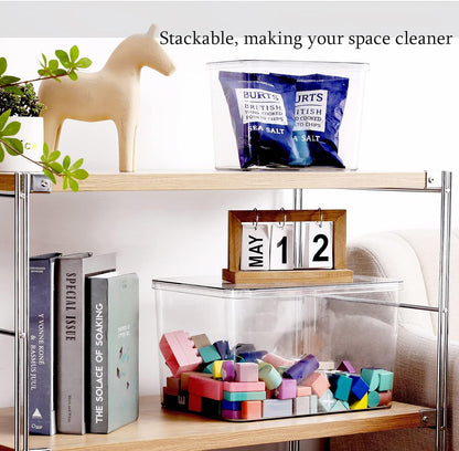 Clear Storage Bins With Lids,4 Packs Food Storage Organizer,Stackable Kitchen Cabinet,Bathroom Basket,Fridge Organization.Pantry Transparent Containers For Fruits,Drinks
