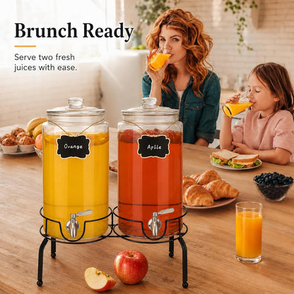 1 Gallon Beverage Dispenser 1 Pack, Stainless Steel Spigot Drink Dispenser for Parties with Stand, Clear Glass Drink Container Easy to Refill and Clean