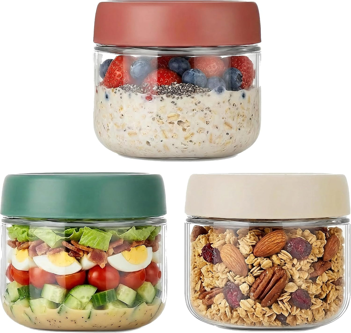 3Pack Overnight Oats Containers with Lids,10oz Glass Jar with Scew Lid,Salad Dressing Fruit Veggies Sauce Snacks Meal Prep Food Containers,Spice Jars,Wide Mouth Storage Containers
