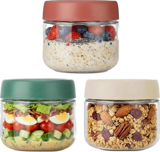 3Pack Overnight Oats Containers with Lids,10oz Glass Jar with Scew Lid,Salad Dressing Fruit Veggies Sauce Snacks Meal Prep Food Containers,Spice Jars,Wide Mouth Storage Containers