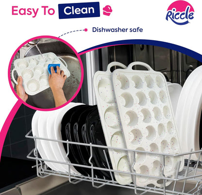 RICCLE 2 Pack Silicone Muffin Pans for Baking with Metal Reinforced Frame - Regular 12 Cup Silicone Muffin Pan & 24 Cup Mini Cupcake Pans - Silicone Cupcake Pan Set - Oven & Dishwasher Safe, BPA-Free