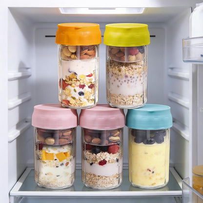 Overnight Oats Containers with Lids, 4 Pack 16 Oz Glass Mason Jars - Leakproof Meal Prep Jars, Separate Compartment, Folding Spoon, Yogurt Parfait Cups, Stackable, BPA Free