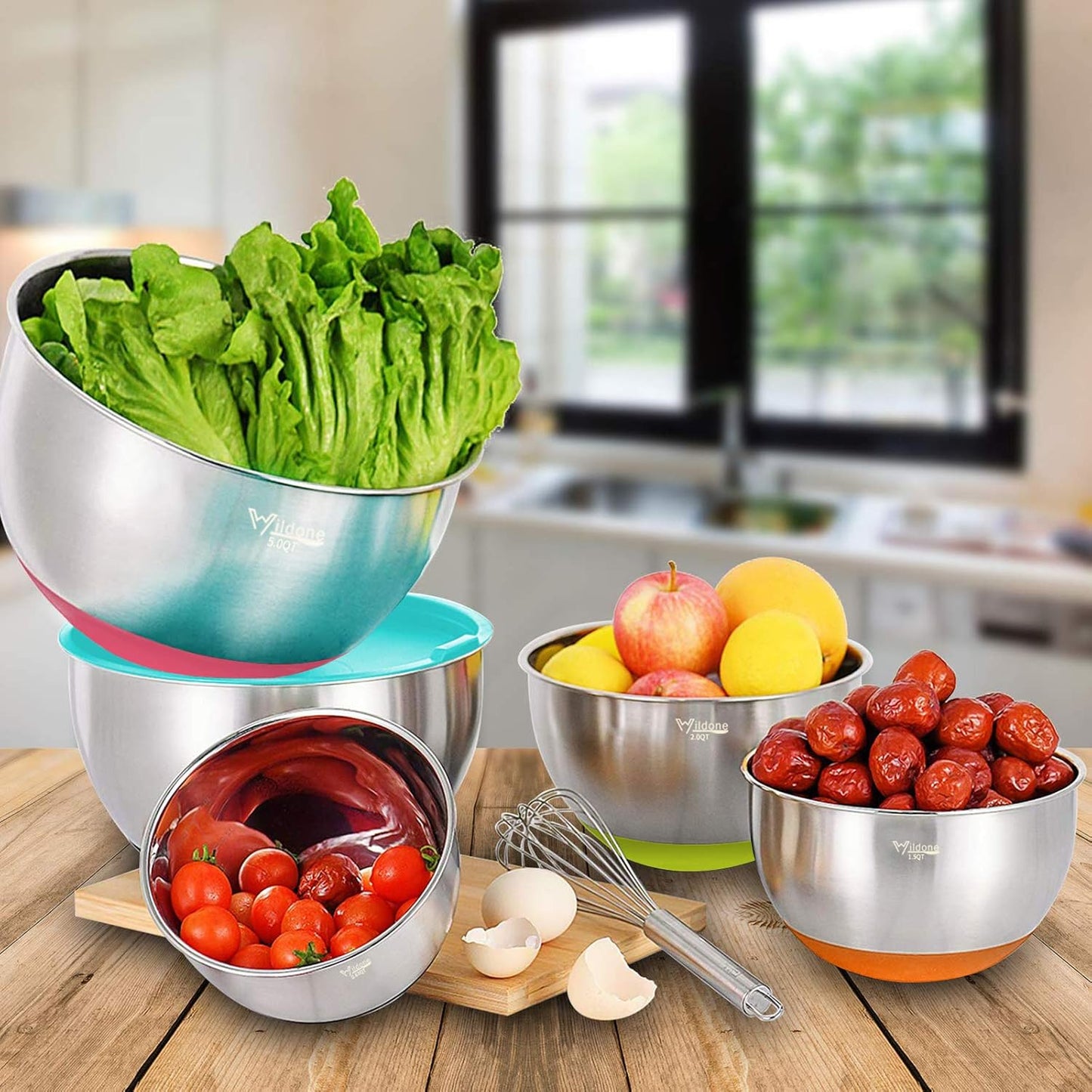 Wildone Mixing Bowls with Airtight Lids Set, 5PCS Stainless Steel Khaki Nesting Bowls for Kitchen, with Grater Attachments & Non-Slip Bottoms, Size 5, 3, 2, 1.5, 0.63 QT, Great for Mixing & Serving