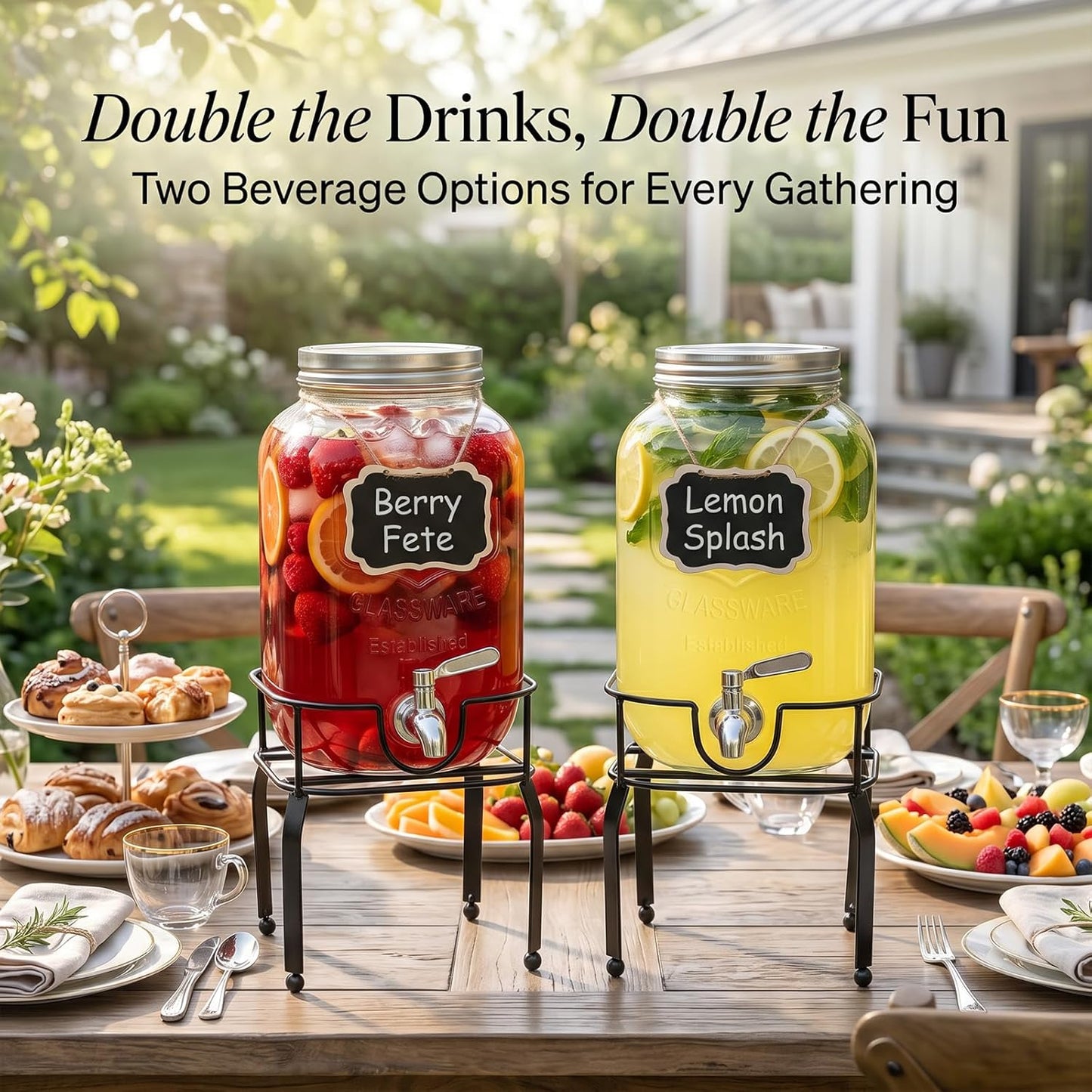 2 Pack1 Gallon Glass Drink Dispensers For Parties,Beverage Dispenser with Stand,304 Stainless Steel Spigot Leakproof,Lemonade Dispenser for Sun Tea, Homemade Juice