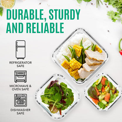 Razab 6 PC Square Glass Food Storage Containers with Airtight lids (74, 40 & 18 oz) Kitchen Glass Meal Prep Containers Set for Freezer Reusable Leftover Lunch Boxes, Oven, Microwave, Dishwasher Safe