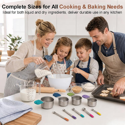 Stainless Steel Measuring Cups and Spoons Set, 7 Magnetic Measuring Cups, 5 Metal Measuring Teaspoons, 3 Plastic Measuring Cups for Kitchen Cooking & Baking, Dry & Liquid Ingredients