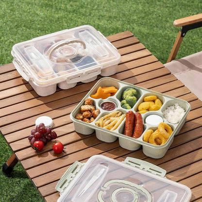 Dishwasher Safe Snackle Box Container, Snack Divided Serving Tray with Lid, Portable Snack Organizer with Date Marker, 2 Dressing Containers, Fork and Spoon, Green