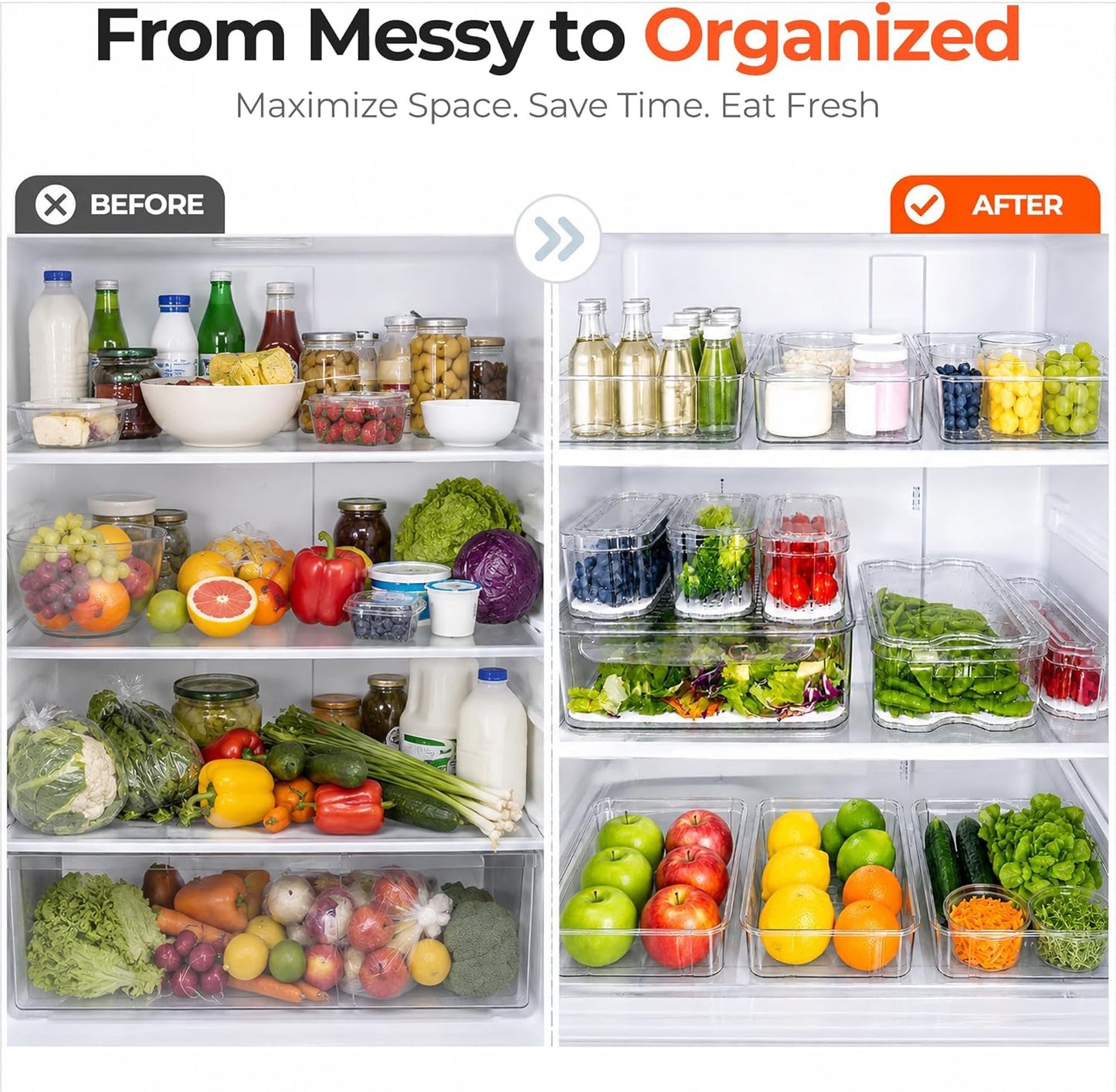 SMRCAD Refrigerator Organizers and Storage, 6 Pack with 1 Pull-Out Drawer and 5 Lidded Bins, Fruit Storage Containers for Fridge with Drain Trays, Helps Keep Produce Fresh