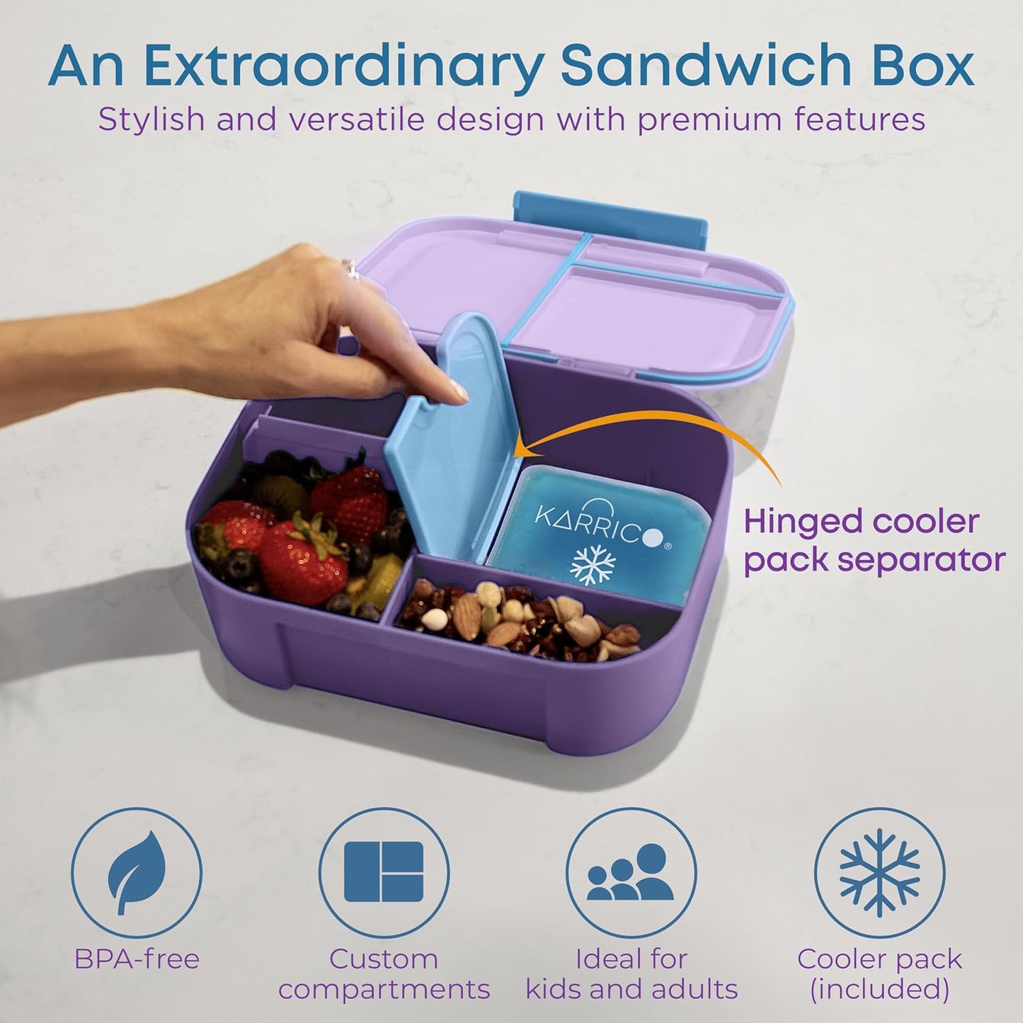 KARRICO Leakproof Lunch Box – 3-Compartment Bento Box, Cooler Pack & Adjustable Divider, Extra Large & BPA-Free – Dishwasher Safe, Ideal for On-the-Go Meals, Green