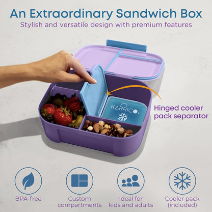 KARRICO Leakproof Lunch Box – 3-Compartment Bento Box, Cooler Pack & Adjustable Divider, Extra Large & BPA-Free – Dishwasher Safe, Ideal for On-the-Go Meals, Green