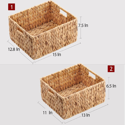 HOONEX Water Hyacinth Storage Baskets, Wicker Baskets for Storage, Hand Woven Baskets with Carry Handles, Set of 2, Natural