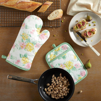 Martha Stewart Amber Floral Oven Mitt & Pot Holder Set 2-Pack, Blue/Green, OM: 7"x13" & PH: 7"x10"