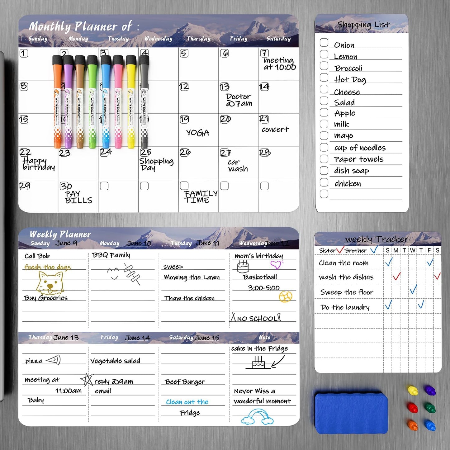 MARSROCK Refrigerator Calendar Magnetic, 16.3x11.7” (4-Pack) – Weekly & Monthly Planner, Chore Chart, Grocery/to-Do List for Fridge, Includes 8 Markers, 6 Magnets & 1 Eraser for Kitchen, Yellow