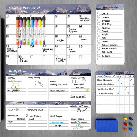 MARSROCK Refrigerator Calendar Magnetic, 16.3x11.7” (4-Pack) – Weekly & Monthly Planner, Chore Chart, Grocery/to-Do List for Fridge, Includes 8 Markers, 6 Magnets & 1 Eraser for Kitchen, Yellow