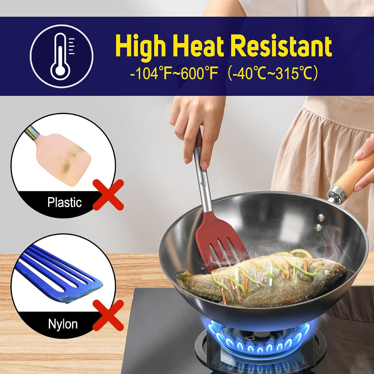 HOTEC Silicone Spatula Set of 2 Heat-Resistant 600°F & BPA-Free Kitchen SaptulaTurner with Stainless Steel Handles, Slotted & Solid Spatulas for Nonstick Cookware, 13.7 Inch, Classic Blue