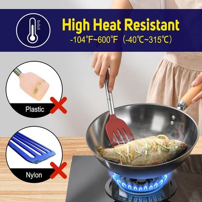 HOTEC Silicone Spatula Set of 2 Heat-Resistant 600°F & BPA-Free Kitchen SaptulaTurner with Stainless Steel Handles, Slotted & Solid Spatulas for Nonstick Cookware, 13.7 Inch, Classic Blue