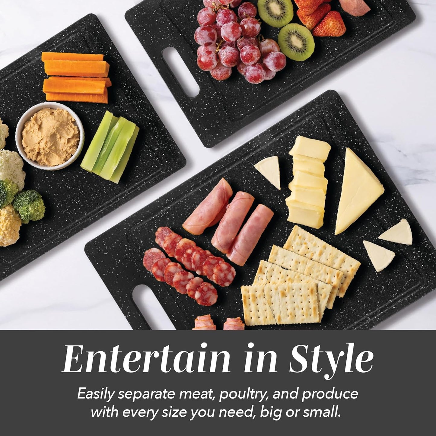 COOK WITH COLOR Non-Slip Cutting Board Set – Kitchen Essentials with Easy Grip Handle for Meat, Veggies, and Fruits, 3 Cutting Boards, Speckled White