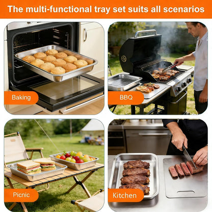 Grilling Prep and Serve Trays, Grill Carry System Set of 6 - Stainless Steel Grill Platter,Marinade Container with Lid, Prep Trays,Cutting Board and Food Tong, for Food Prep, Marinating, Roasting, BBQ