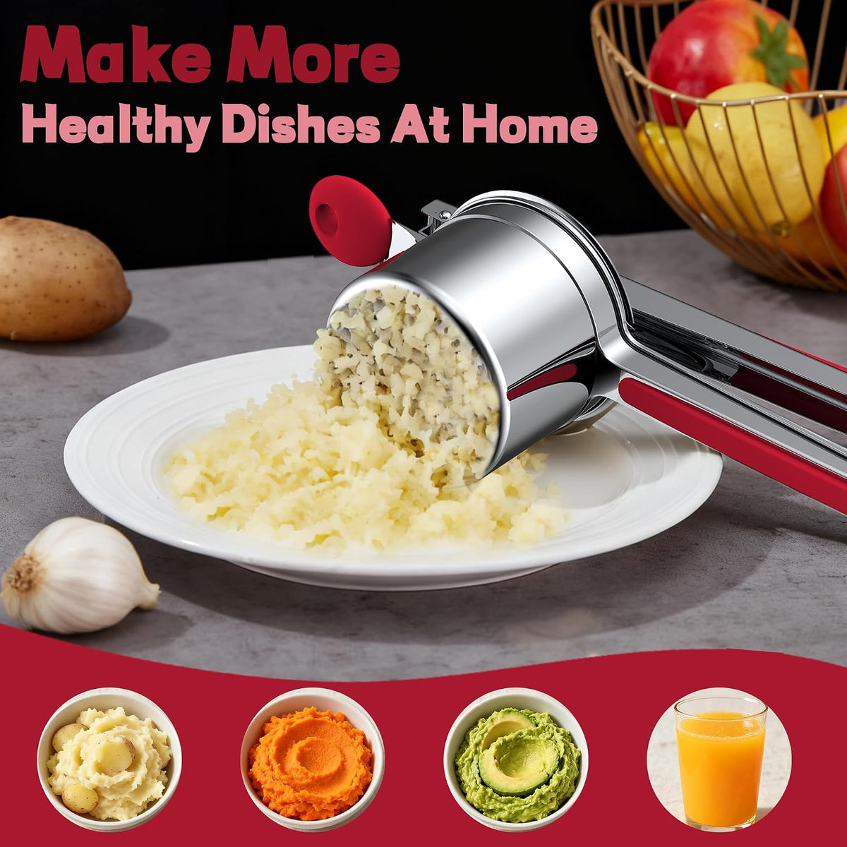 Large 15oz Potato Ricer for Mashed Potatoes, Heavy Duty 18/8 Stainless Steel Potato Masher for Baby Food & Spaetzle Maker, Masher and Ricer Kitchen Tool, Press and Mash Kitchen Gadget, Black