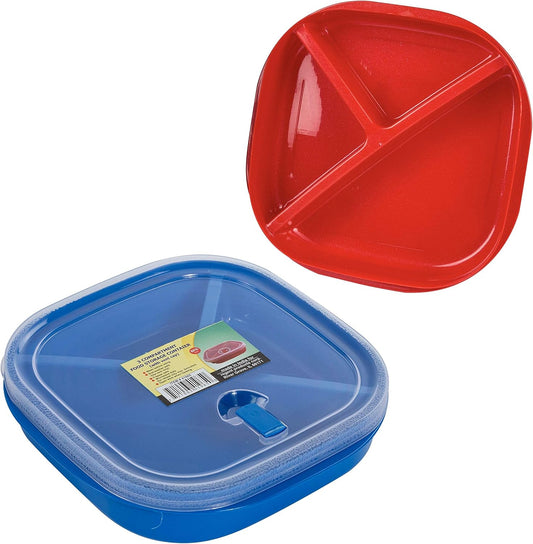 (Set of 3) Square Microwave Food Storage Tray Containers - 3 Section/Compartment Divided Plates w/Vented Lid - Assorted Colors Lunch or Bento Box