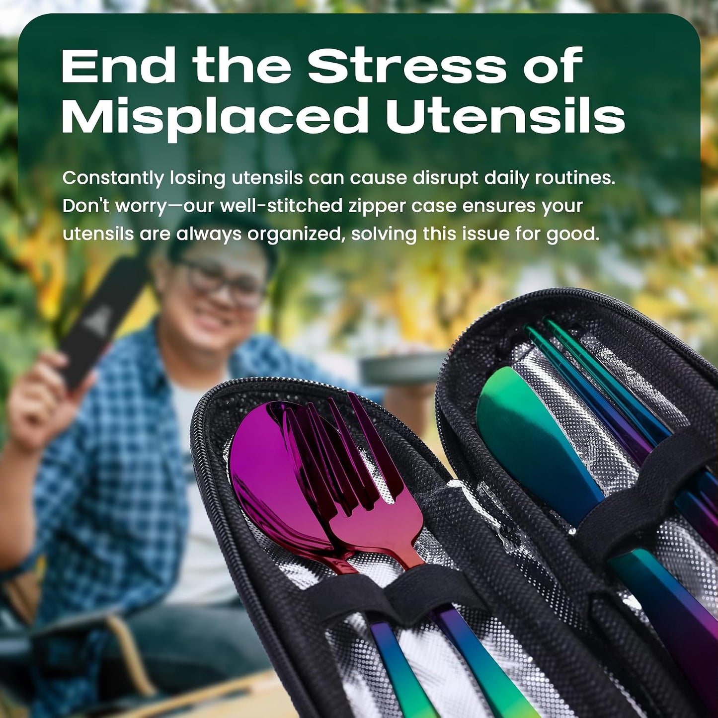 Taplord Portable Travel Silverware Set With Case, Includes 10 Pcs of Travel Utensils With Case, Stainless Steel Flatware Set For Camping, Lightweight (Multi-Color)
