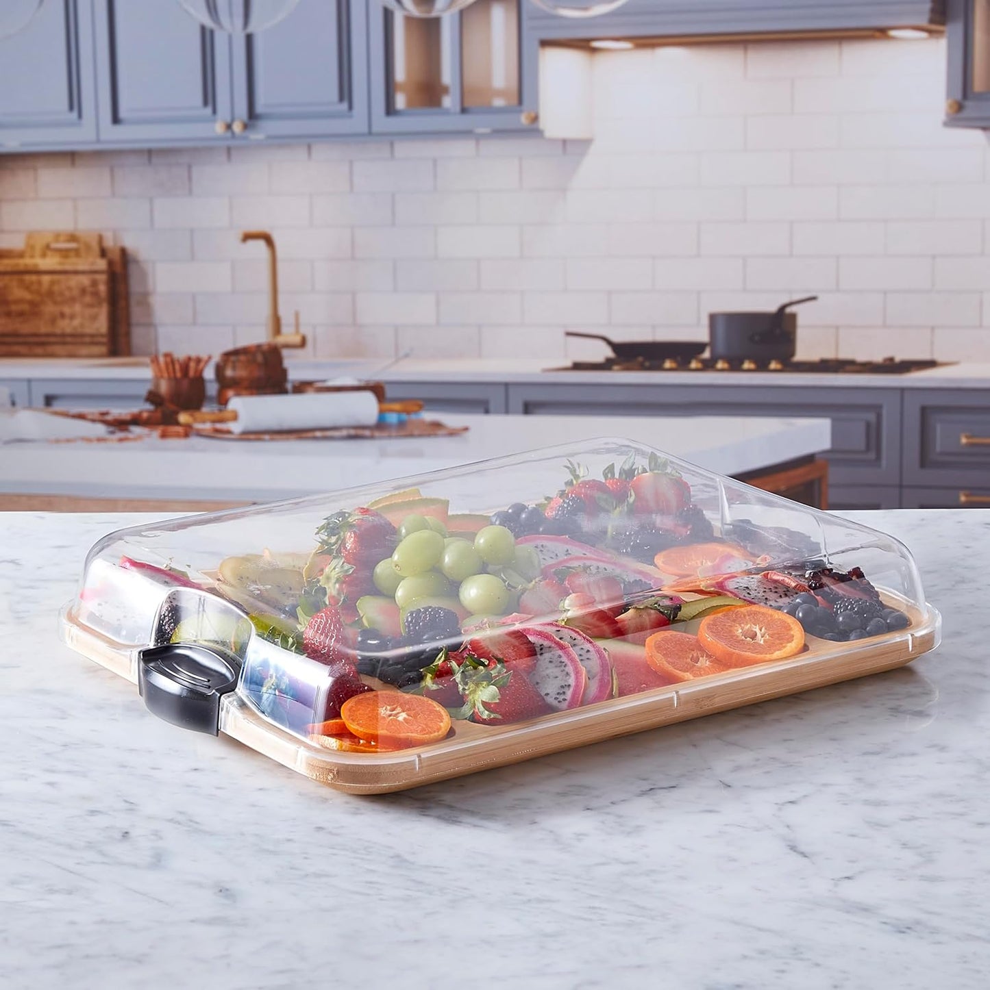 Farberware Build-A-Board Bamboo Cutting Board with Built-In Compartments & Clear Locking Lid, Black Handles, Charcuterie, Snack Tray, Food Prep and Serving Platter