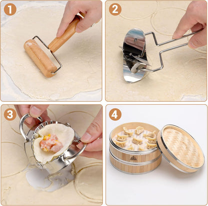 2 Tier Bamboo Steamer | Bamboo Steamer Basket with Reusable Silicone Liner | Food Dim Sum Kit for Cooking Baby Bao Bun, Rice, Vegetable, Fish and Meat