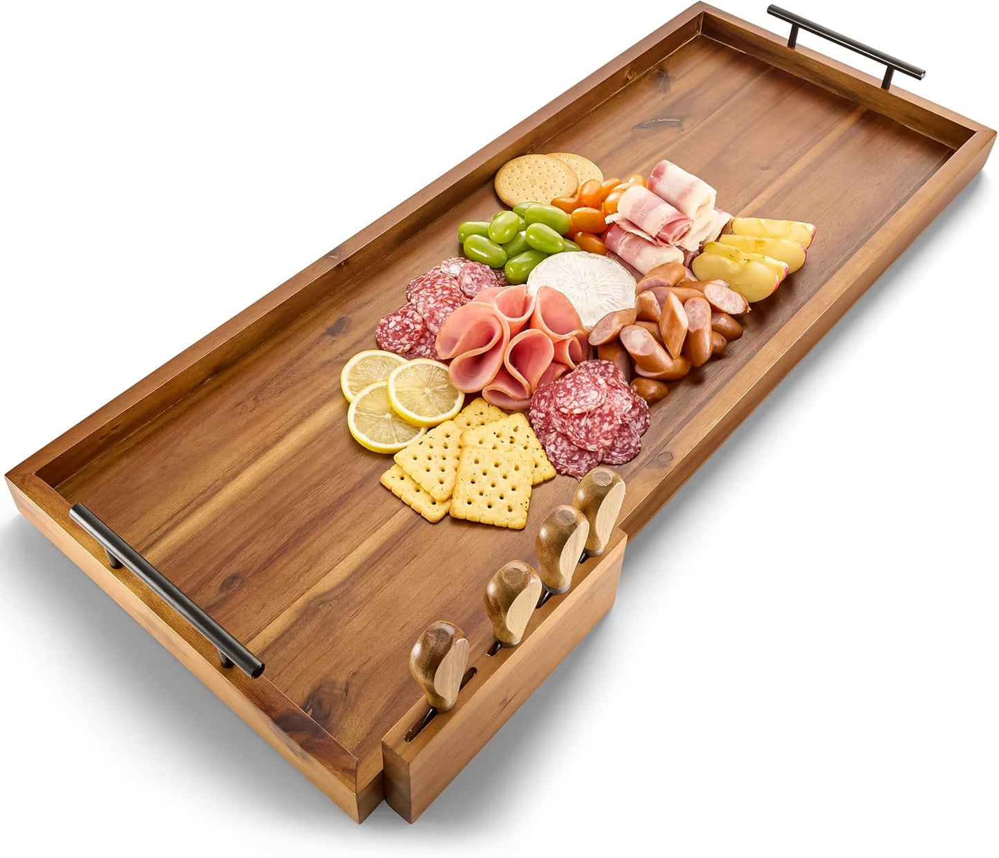 TIDITA Acacia Large Charcuterie Boards for Party with Cheese Knife Set of 4 – Acacia Wood Serving Tray with Handles, Long Charcuterie Board, Wooden Cheese Board (Walnut Color, 30 Inch)