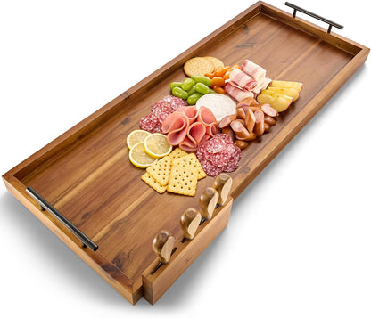 TIDITA Acacia Large Charcuterie Boards for Party with Cheese Knife Set of 4 – Acacia Wood Serving Tray with Handles, Long Charcuterie Board, Wooden Cheese Board (Walnut Color, 30 Inch)