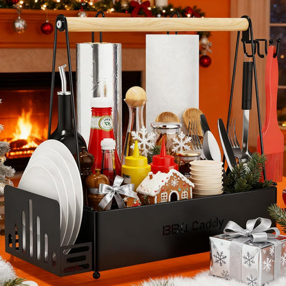 JBBTOOL Grill Caddy with 2 Paper Towel Holders, BBQ Caddy for Outdoor Grill, Picnic Condiment Utensil Caddy, Camping Essentials, RV, Tailgating, Grilling Accessories, Camping Kitchen, Gifts for Men