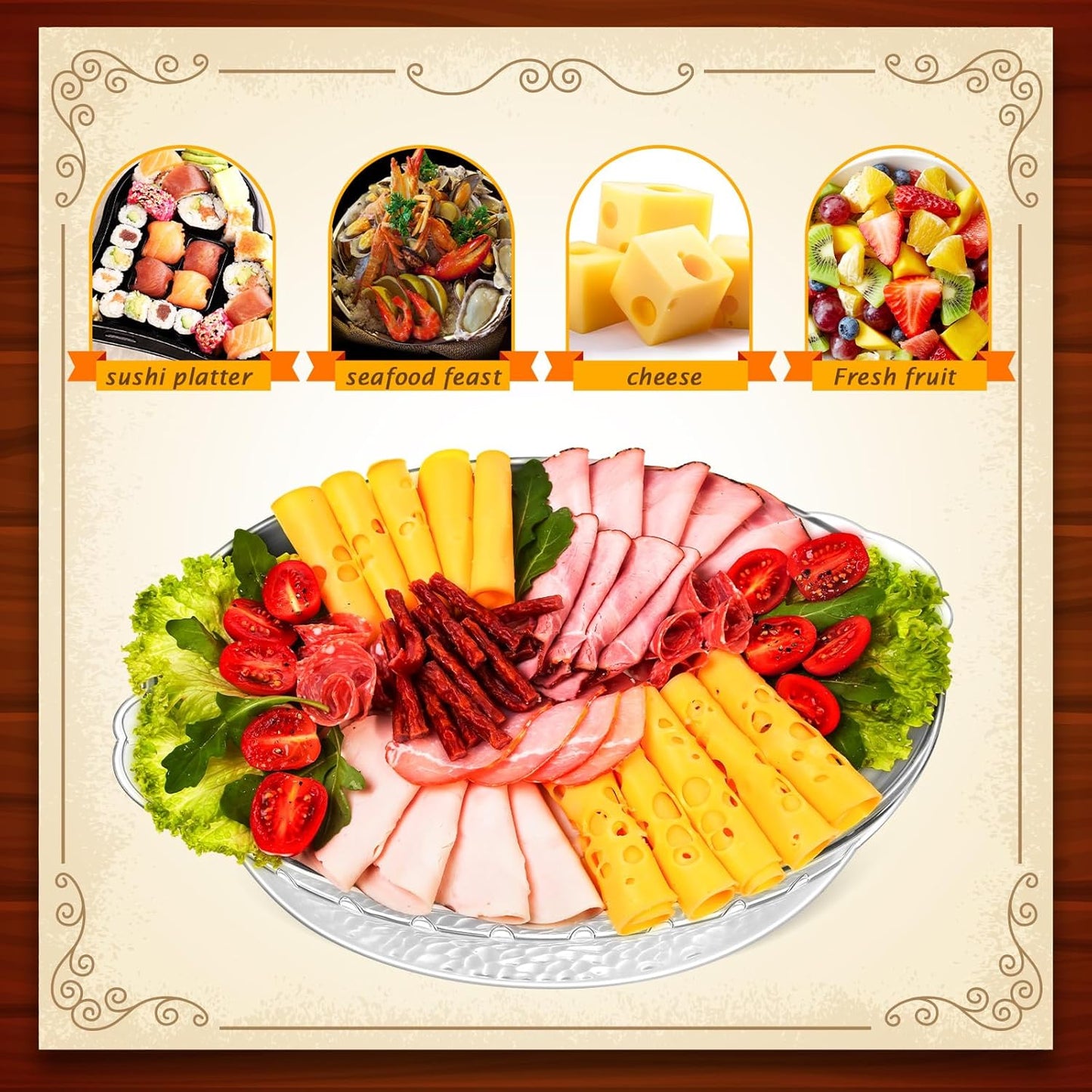 Baderke 3 Set 11.8" Chilled Serving Tray for Parties with Compartments Ice Chilled Party Platter Charcuterie Serving Board Cold Dish Dip for Fruit Seafood Vegetable Shrimp Cocktail (Gold)