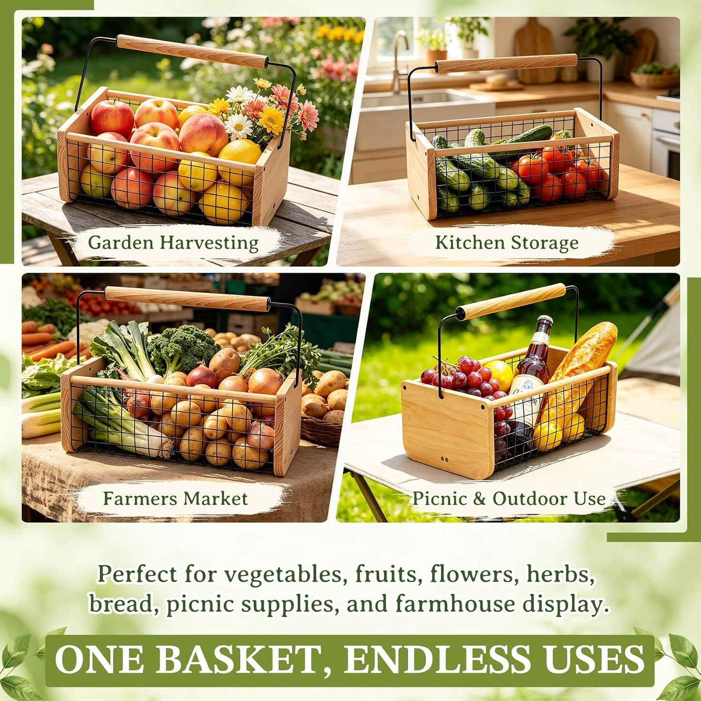 Garden Hod Harvest Basket, Wooden Garden Harvest Basket with Metal Mesh, Vegetable Gathering Basket for Fruit Picking, Rinse & Drain Gardening Basket for Kitchen, Picnic, Farmhouse Decor-Big