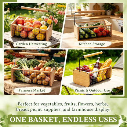 Garden Hod Harvest Basket, Wooden Garden Harvest Basket with Metal Mesh, Vegetable Gathering Basket for Fruit Picking, Rinse & Drain Gardening Basket for Kitchen, Picnic, Farmhouse Decor-Big