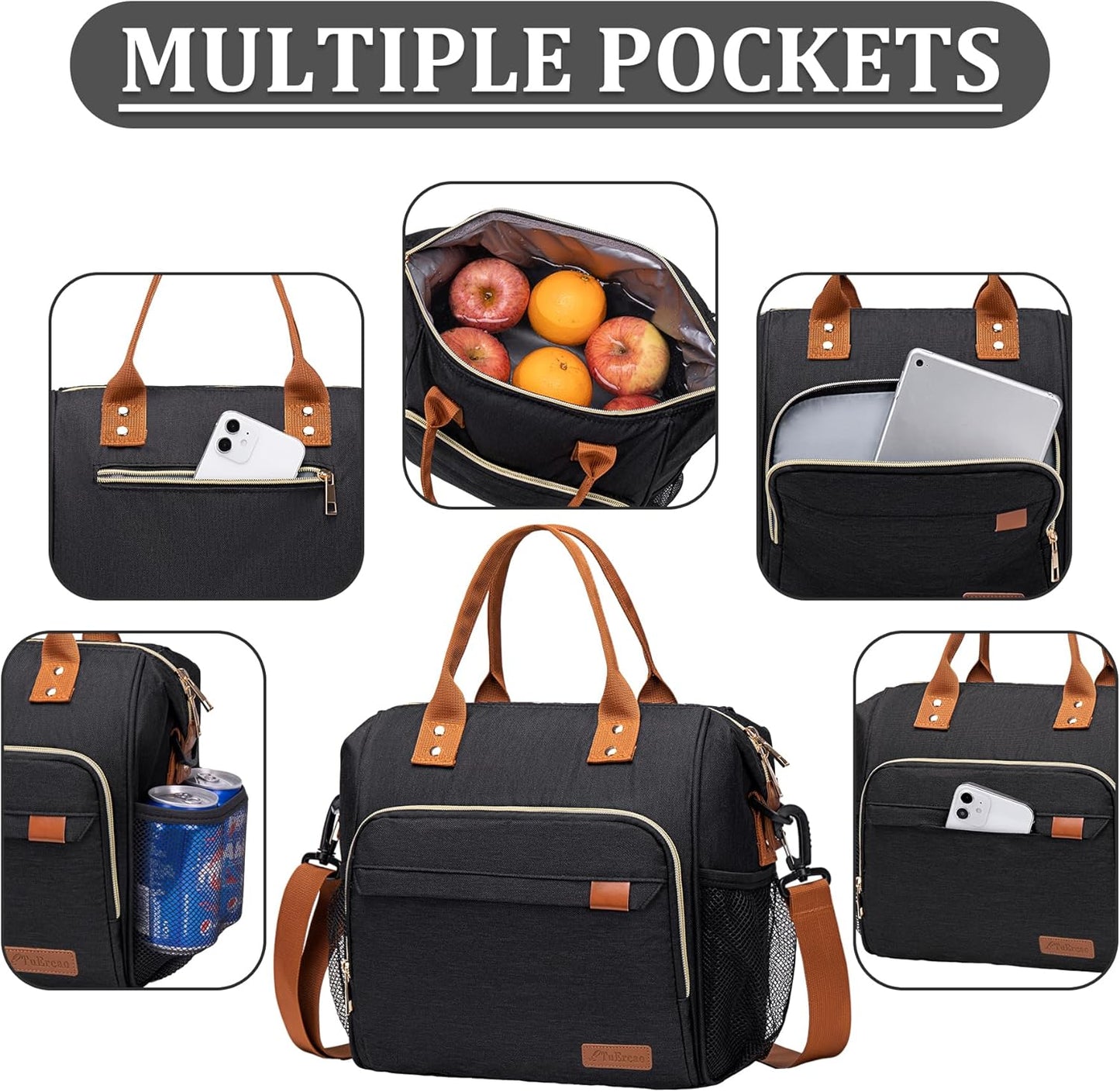 TuErCao Small Lunch Bag Lightweight Insulated Lunch Box for Women Work Portable Soft Cooler for Picnic Travel Road Trips, Loncheras para Mujer, Black
