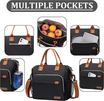 TuErCao Small Lunch Bag Lightweight Insulated Lunch Box for Women Work Portable Soft Cooler for Picnic Travel Road Trips, Loncheras para Mujer, Black